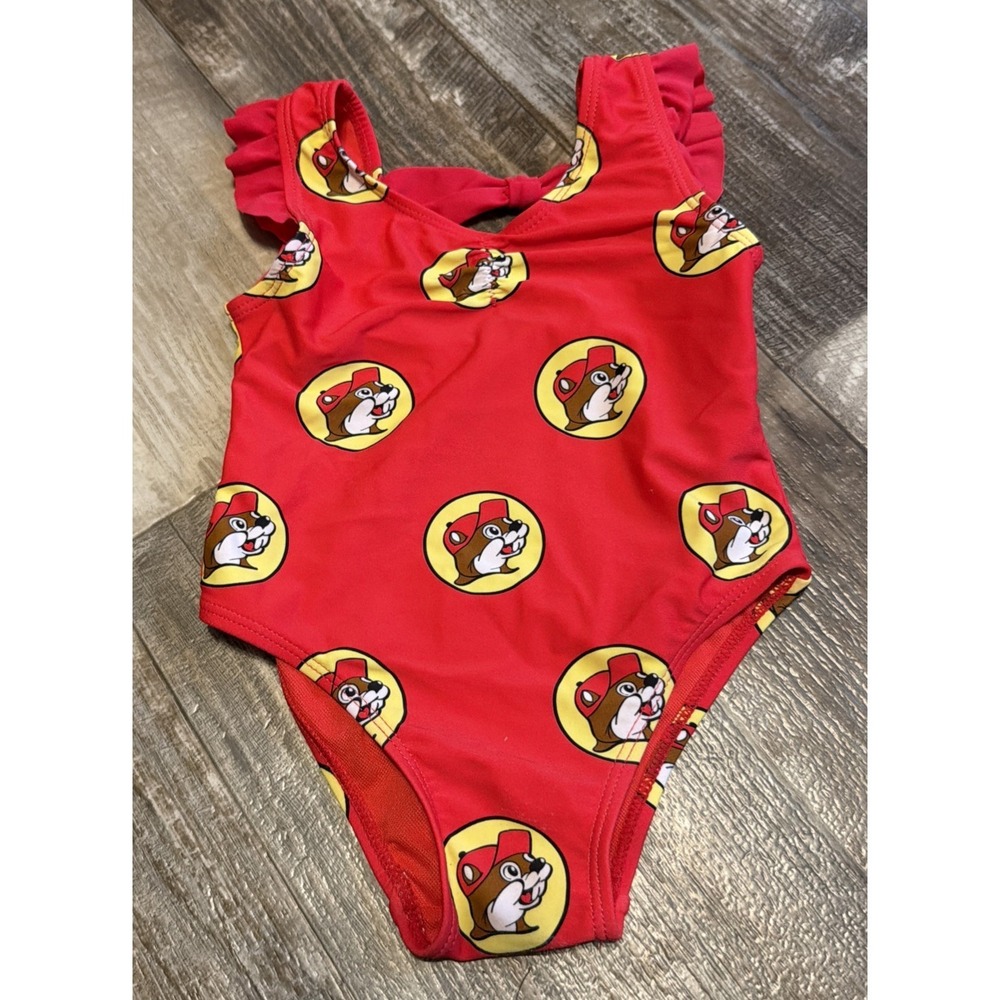 Buc-ee's Baby Girl Red One-Piece Beaver Print Swimsuit 9-12 Months